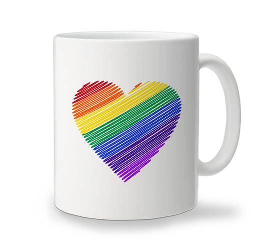 A white customer ceramic mug with a handle on the right side, featuring a colorful rainbow heart design in the center.