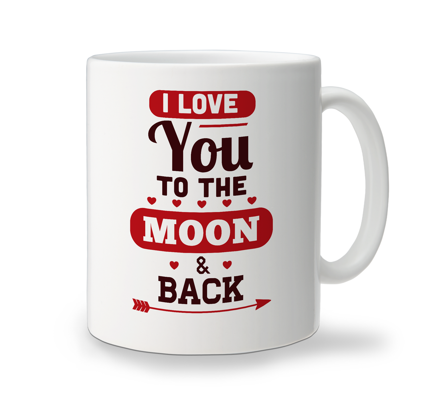 A custom white ceramic mug with 'I love you to the MOON & BACK' text in red and brown colors, featuring heart shapes and a red arrow pointing towards the moon.