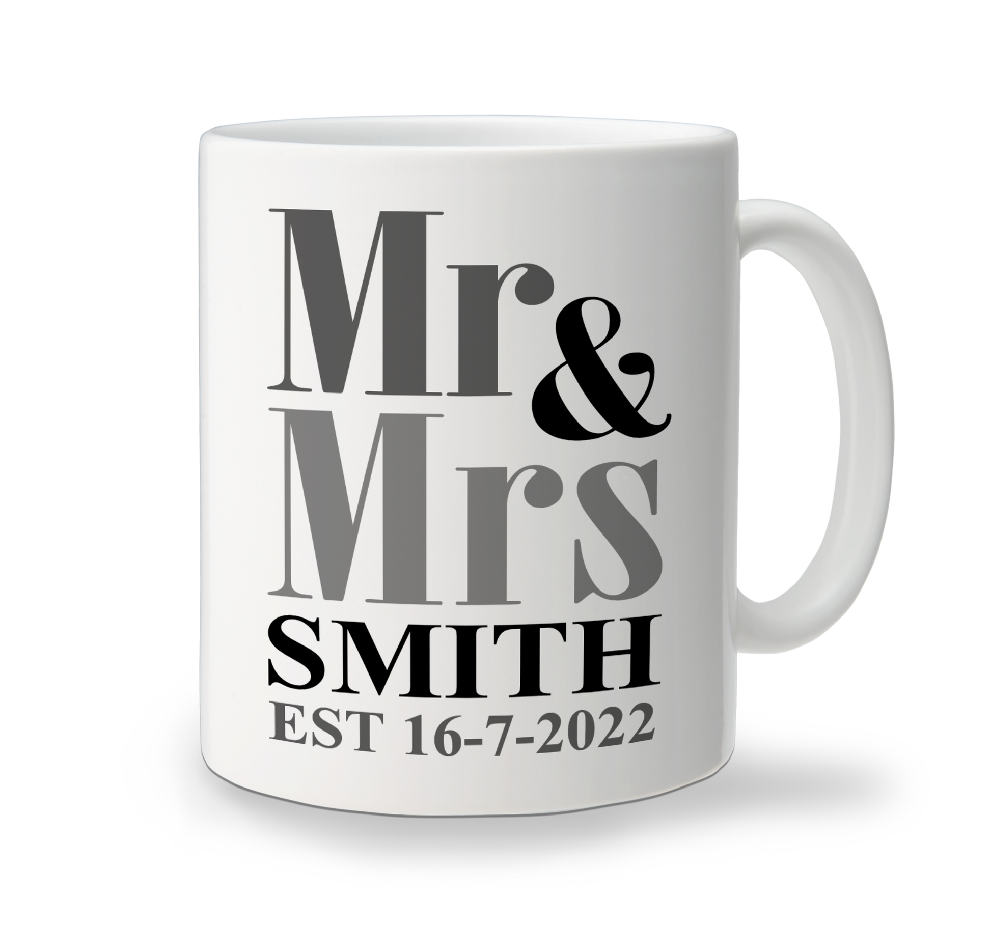 A white ceramic mug with 'Mr & Mrs Smith' printed on it, along with a date 'EST 16-7-2022'.