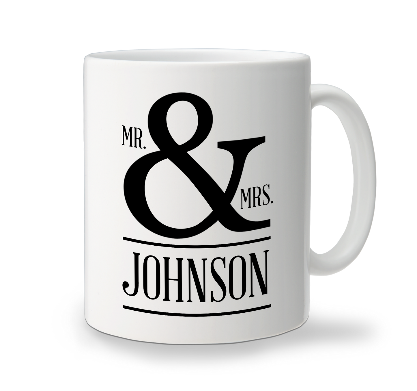 A white custom ceramic mug for wedding with the text 'MR & MRS JOHNSON' printed in black.