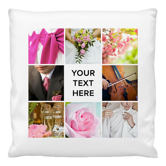 A cushion cover featuring a custom print of eight photos arranged in a collage pattern on a white background, with space for your text.