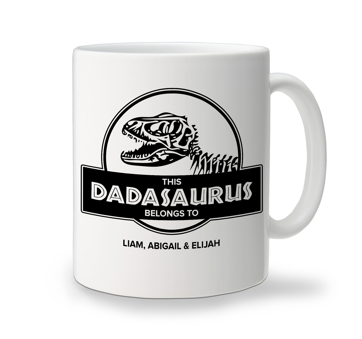 White ceramic Dadasaurus mug with black dinosaur design for Dad