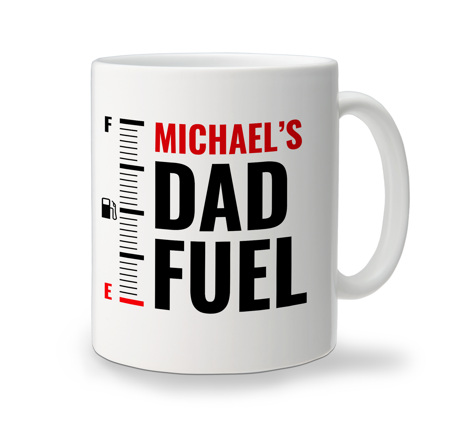 A white father's day mug with the text funny text 'MICHAEL'S Dad Fuel' printed on it, designed in a vertical orientation.