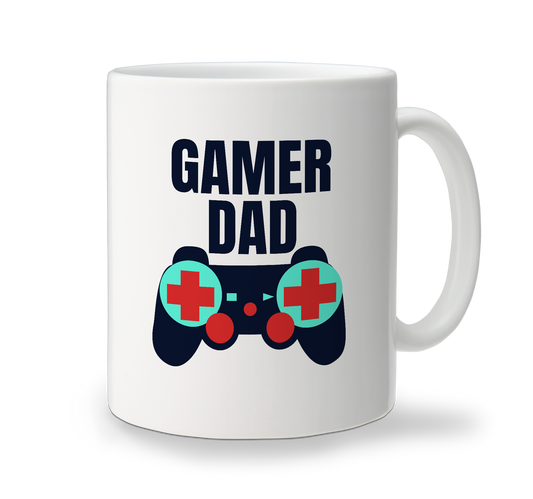 White ceramic Gamer Dad mug with gaming-themed design