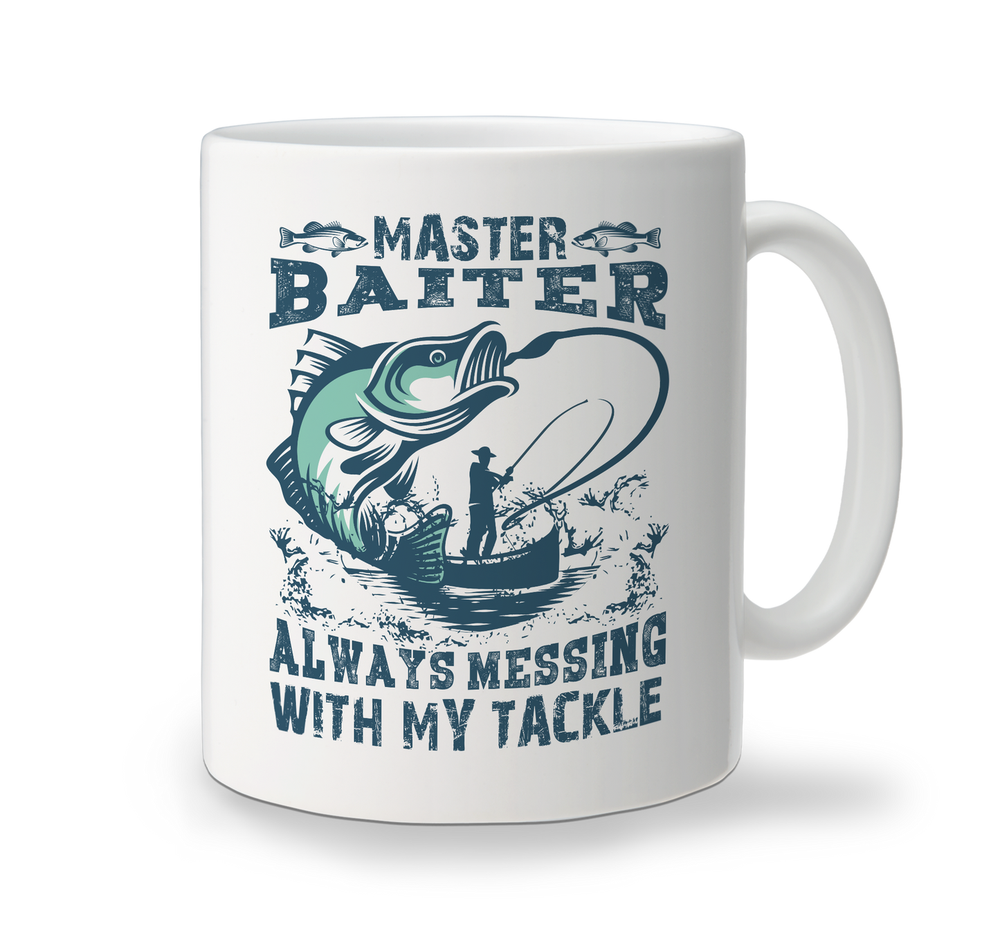 White ceramic Master Baiter mug with fishing reel and tackle design