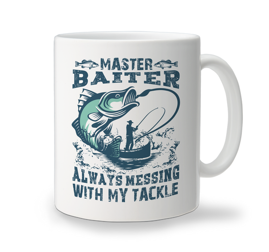 White ceramic Master Baiter mug with fishing reel and tackle design