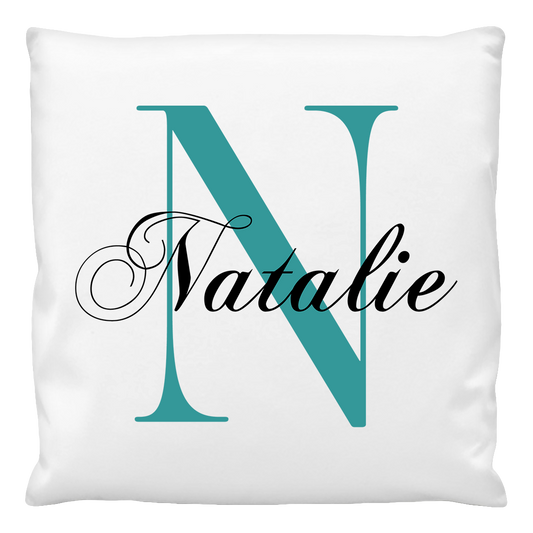 A personalised Pillow case with the name "Natalie" in Monogram serif design