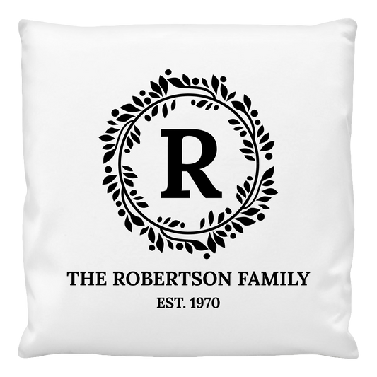 Personalised Cushion cover with Wreath Monogram design and family name