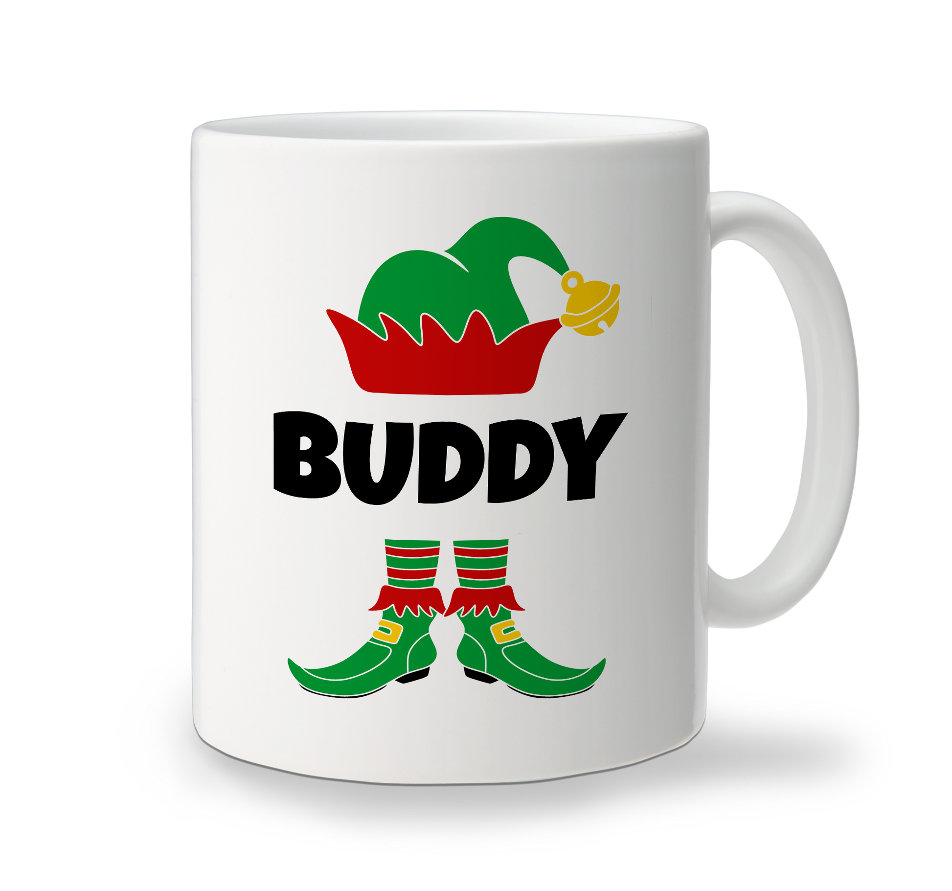 Personalised Elf Feet Christmas mug with red and green elf design and name Buddy