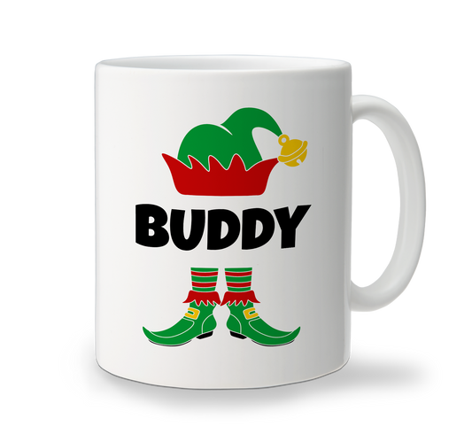 Personalised Elf Feet Christmas mug with red and green elf design and name Buddy