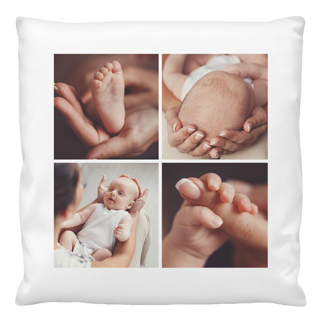 A personalised cushion cover featuring four different photos of a baby's feet, hands, and a baby lying on a surface, all in a white frame style.