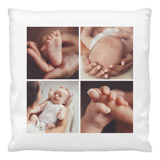 A personalised cushion cover featuring four different photos of a baby's feet, hands, and a baby lying on a surface, all in a white frame style.