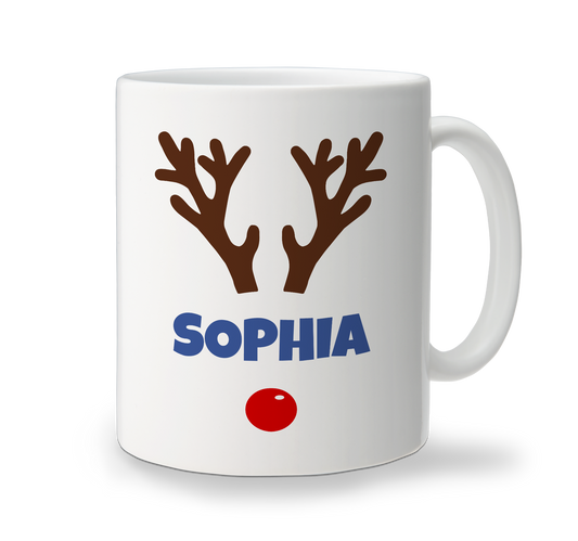 Personalised Rudolf Christmas mug with reindeer antlers, red nose and name Sophia