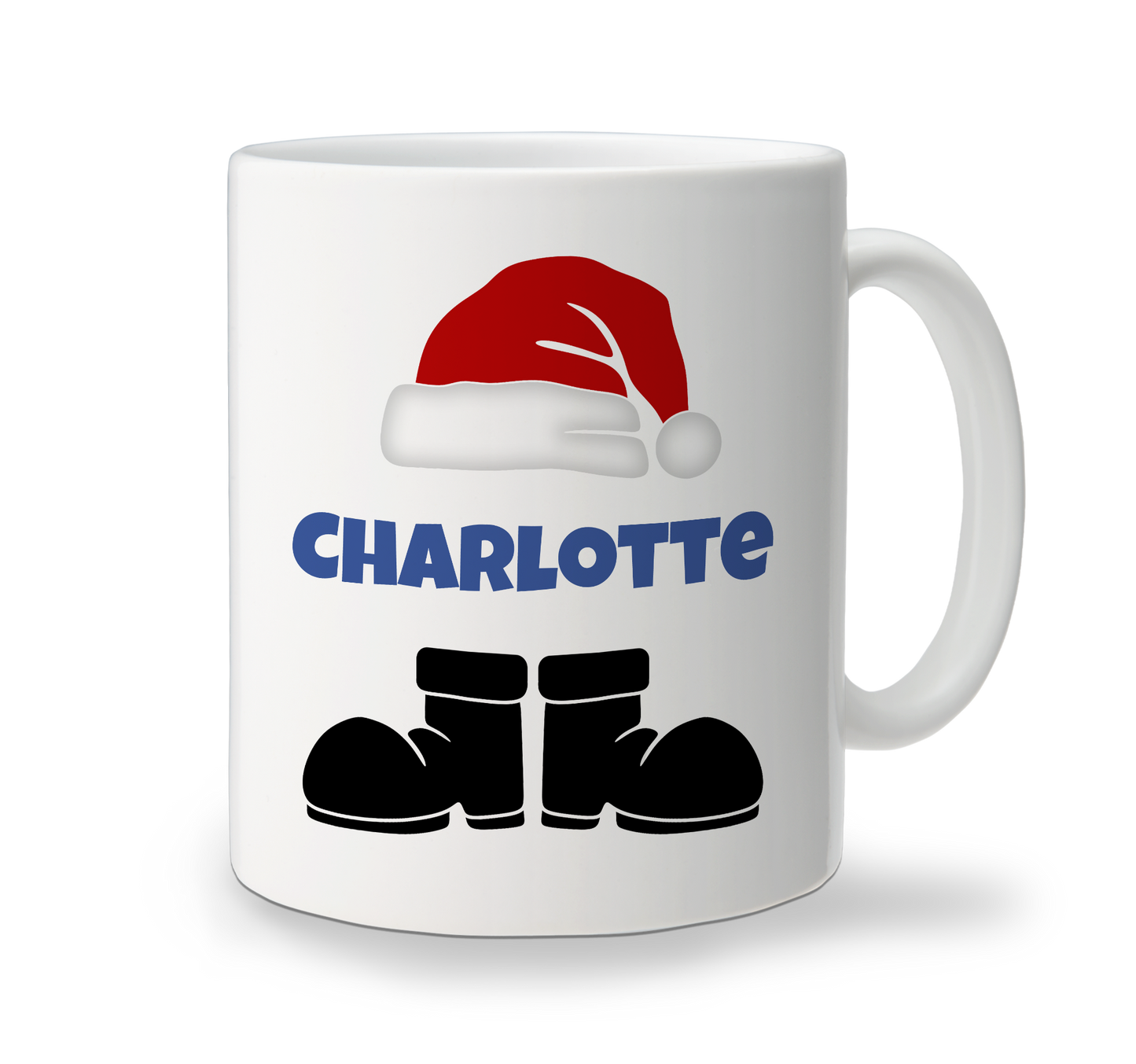 Personalised Santa Feet Christmas mug with festive design and name Charlotte