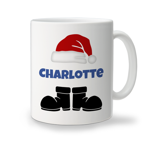 Personalised Santa Feet Christmas mug with festive design and name Charlotte