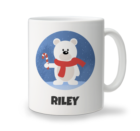 White ceramic Christmas mug with cute polar bear character design