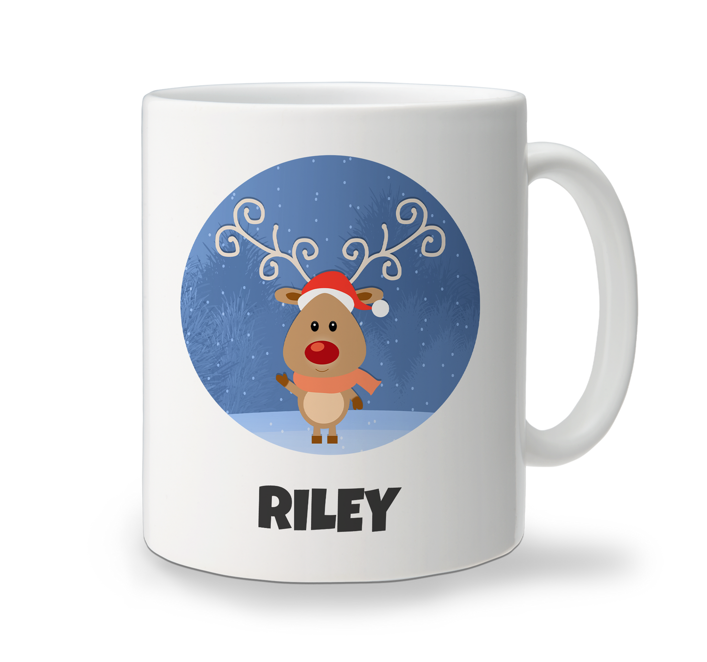 White ceramic Christmas mug with cute reindeer character design