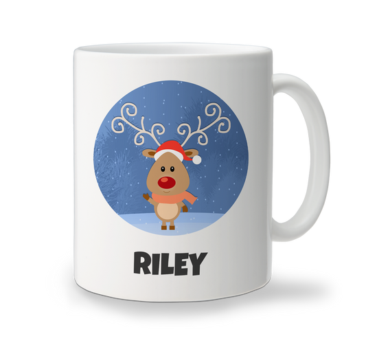 White ceramic Christmas mug with cute reindeer character design