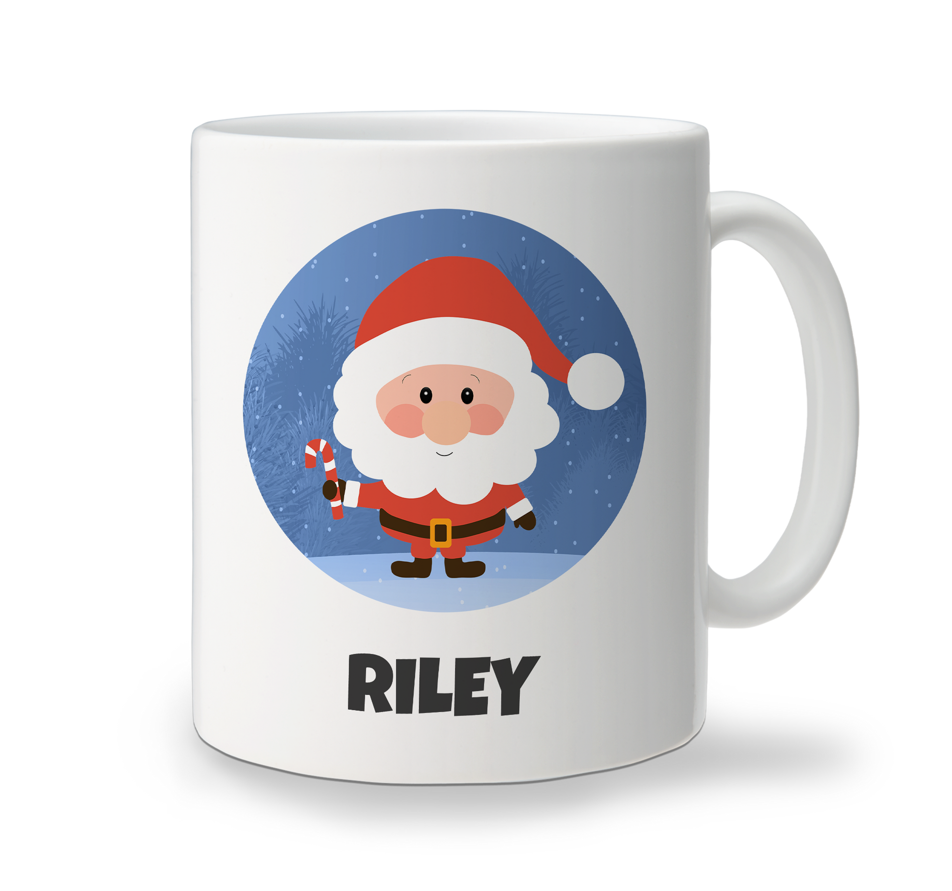 White ceramic Christmas mug with cheerful Santa character design