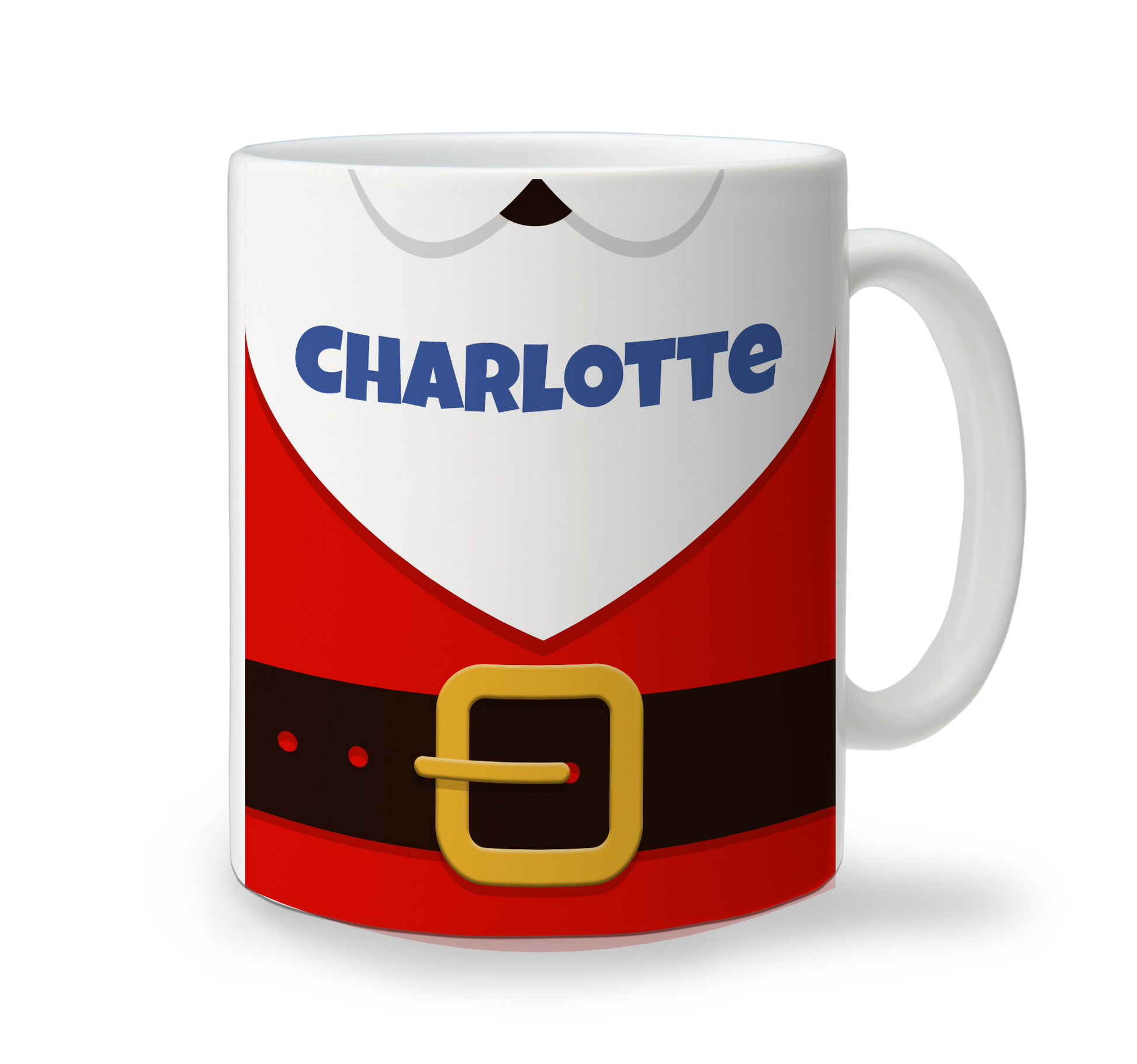 White ceramic Christmas mug with festive Santa suit design