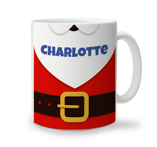 White ceramic Christmas mug with festive Santa suit design