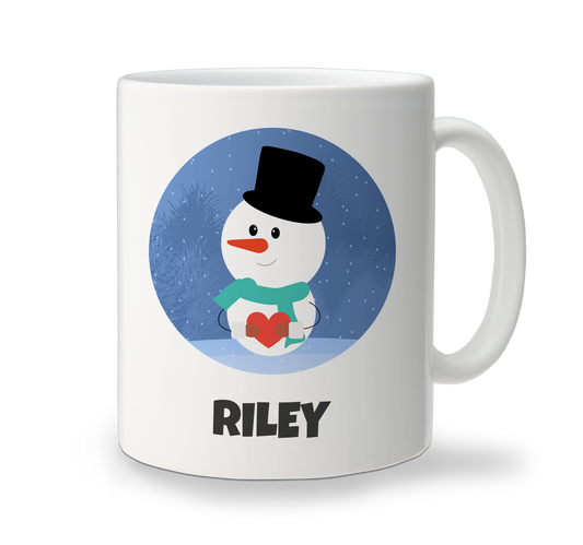 White ceramic Christmas mug with cheerful snowman character design