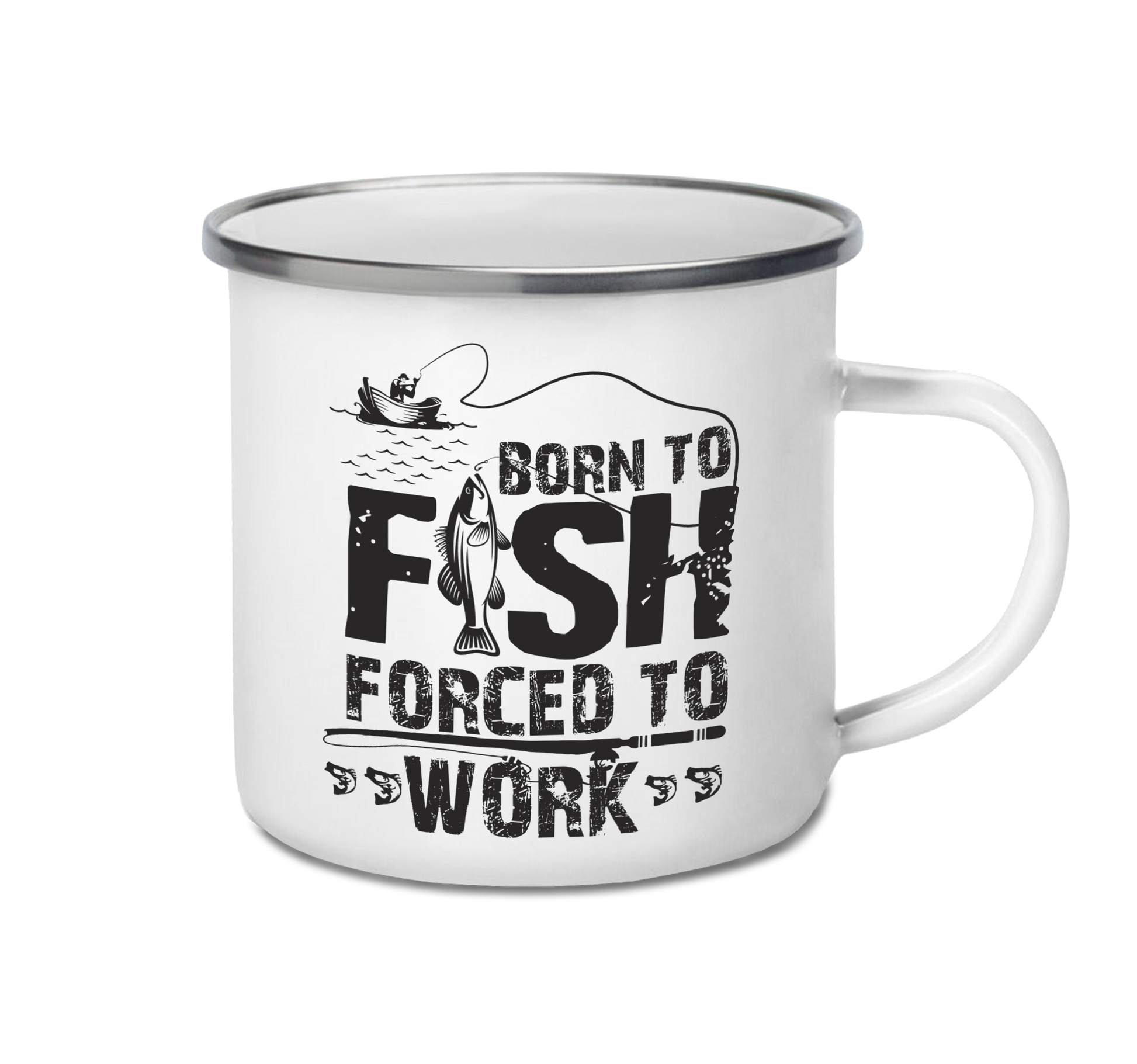 Personalised enamel camping mug – Born to Fish design