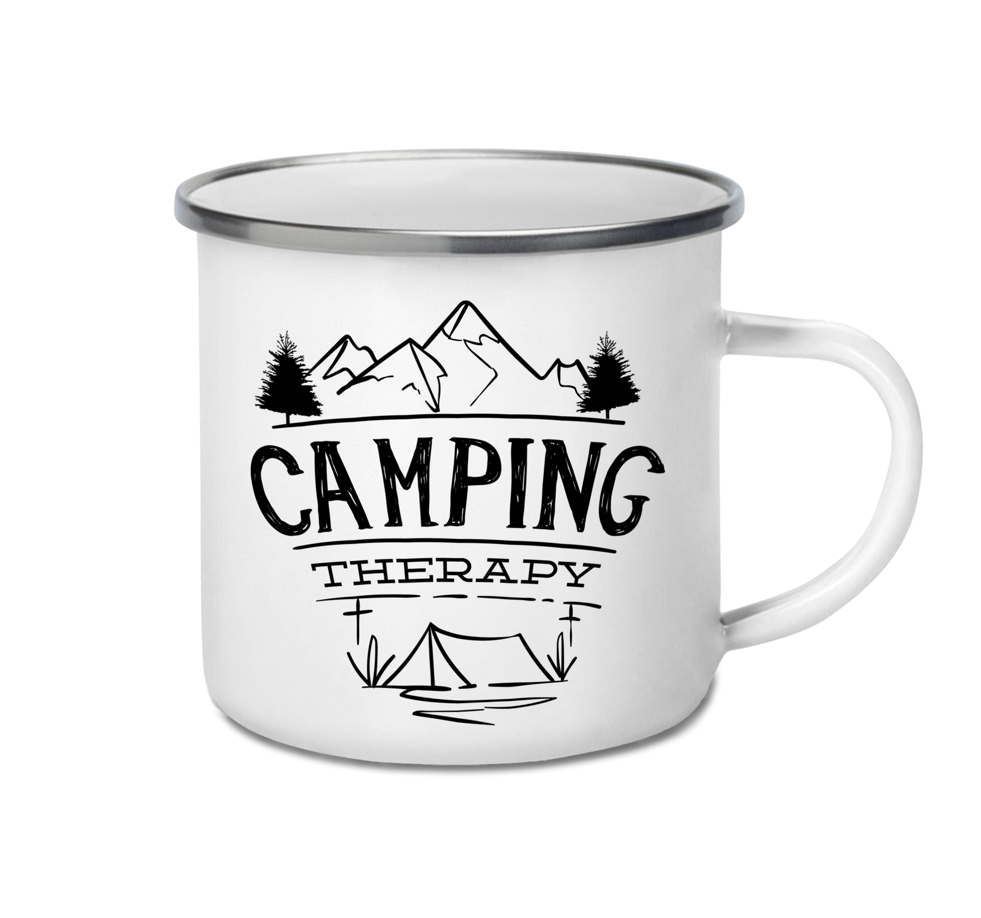 Personalised enamel camping mug – Camping Therapy design