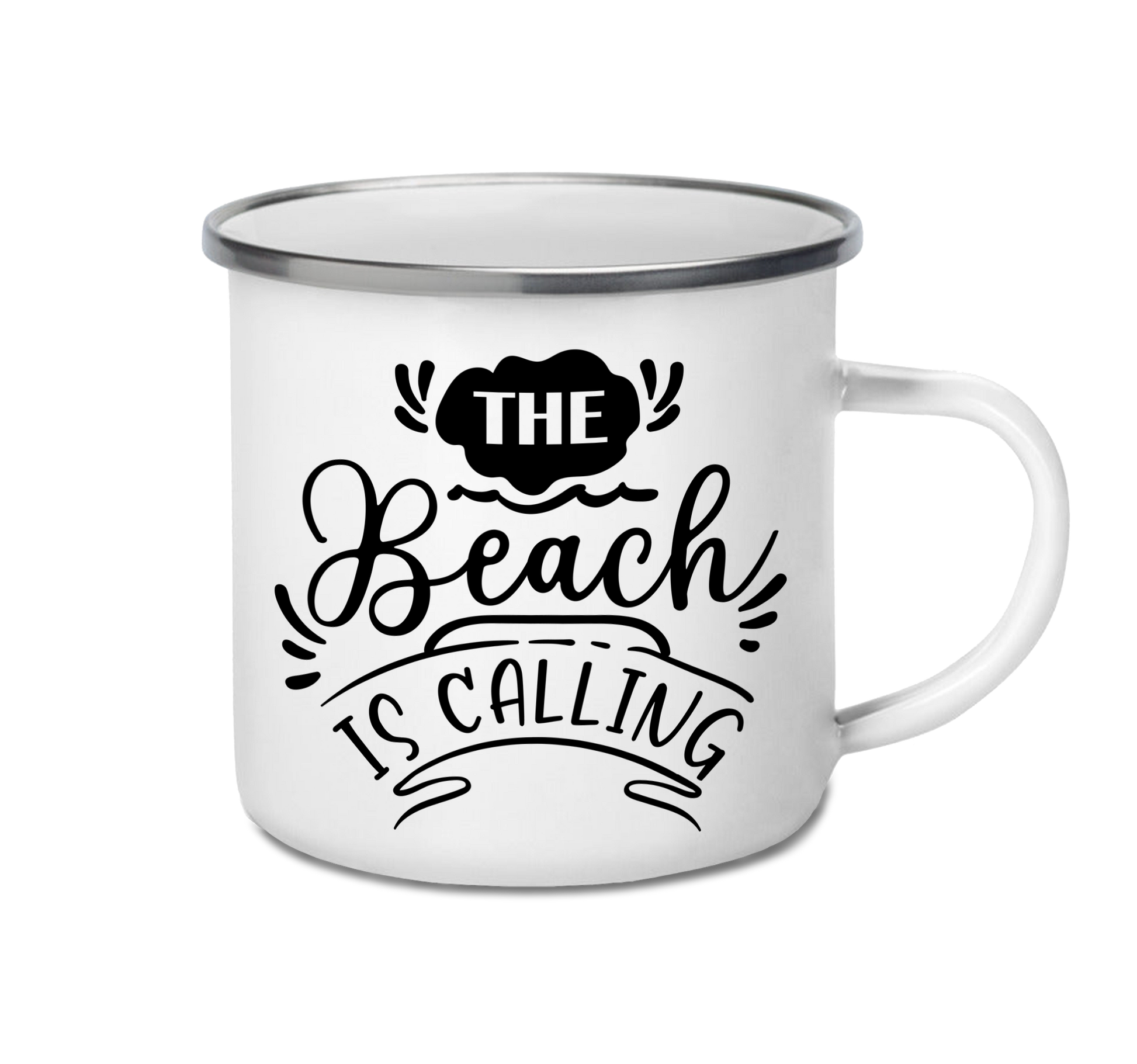 Personalised enamel camping mug – The Beach Is Calling design